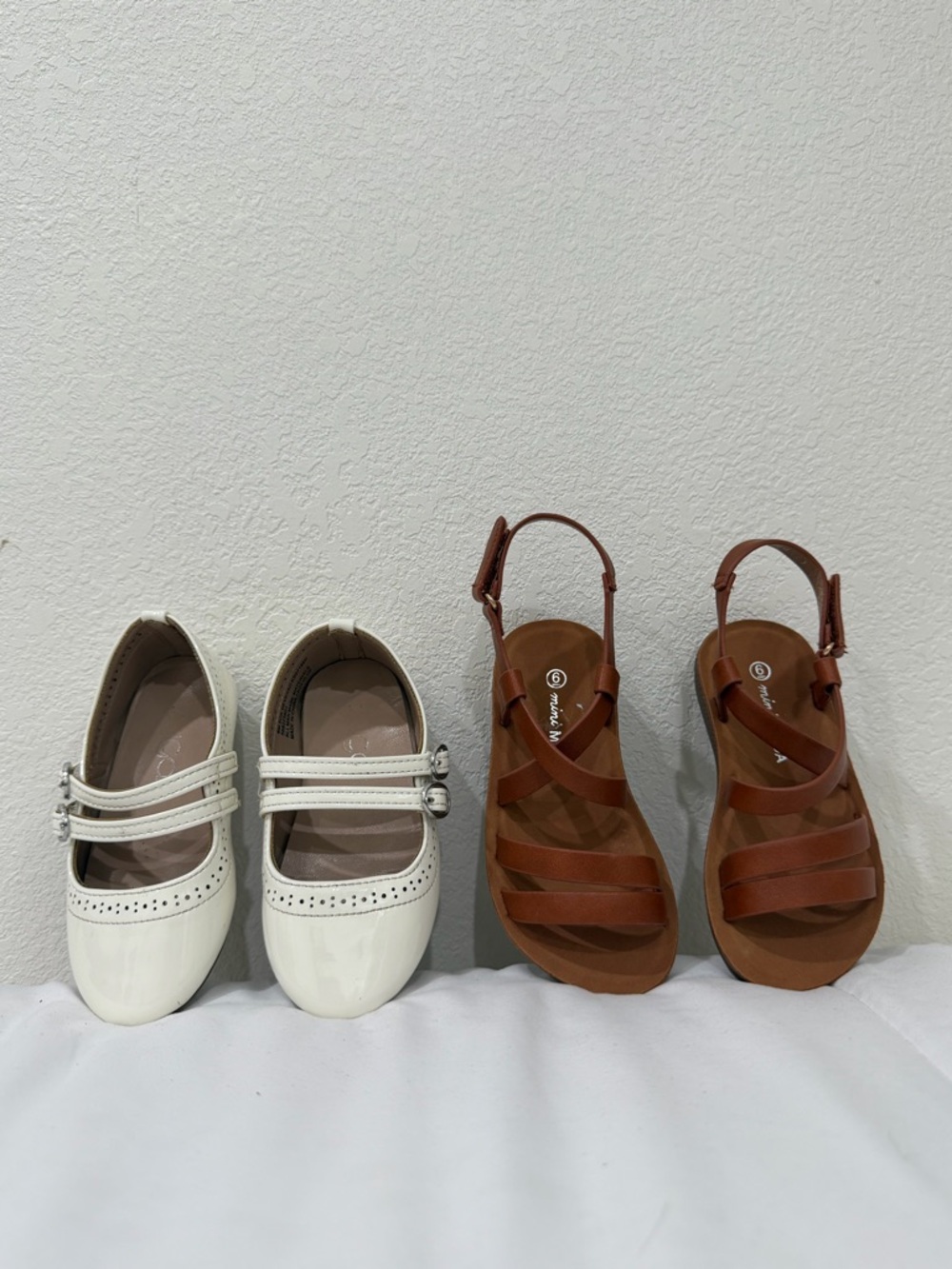 White Patent Mary Janes & Brown Strappy Sandals Duo